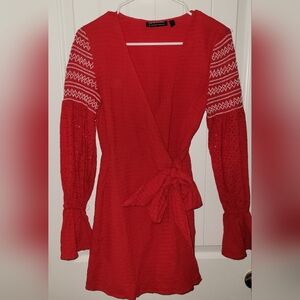 Gauze Red Wrap Dress with Eyelet and Embroidered Sleeves